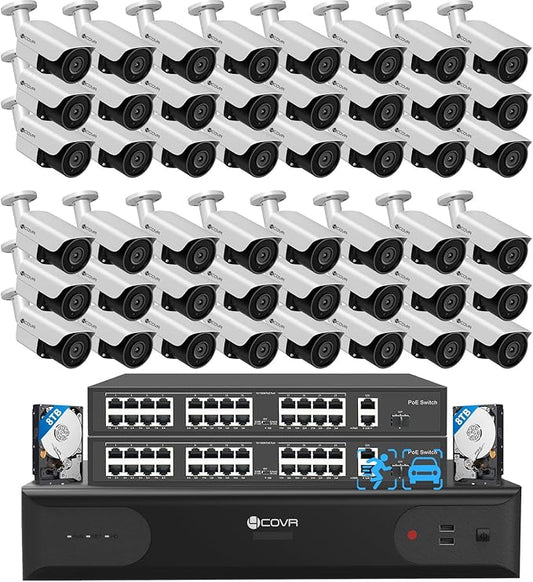 4COVR 64 Channel Security Camera System PoE 4K, AI Human/Vehicle Detection, UtraHD 8MP NVR 16TB HDD, 48Pcs 8MP Commercial Bullet IP Camera IP67 Night Vision, 24/7 Business Surveillance, LY37EX8M6448