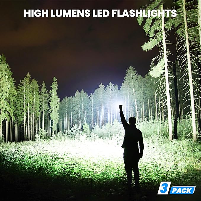 Flashlight Rechargeable 90,000 High Lumens - 3 Pack Bright LED Flash Light with 5 Modes, Handheld Waterproof Linterna for Camping, Home, Outdoor