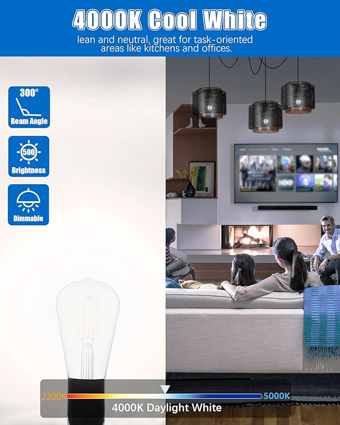 Mastery Mart 120 Pack Vintage LED Light Bulb 4000K Cool White, Dimmable, 5.5W (60 Watt Equivalent), ST21/ ST64 Clear Glass Antique Edison Style, 500LM E26 Decorative Filament Bulb