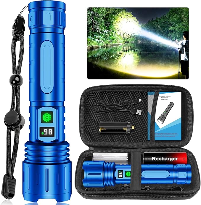 Flashlights High Lumens Rechargeable, Super Bright LED Powerful Flashlight, Type-C, 5 Modes, Zoomable, IPX5 Waterproof High Powered Tactical Flash Light for Emergency Camping,Blue