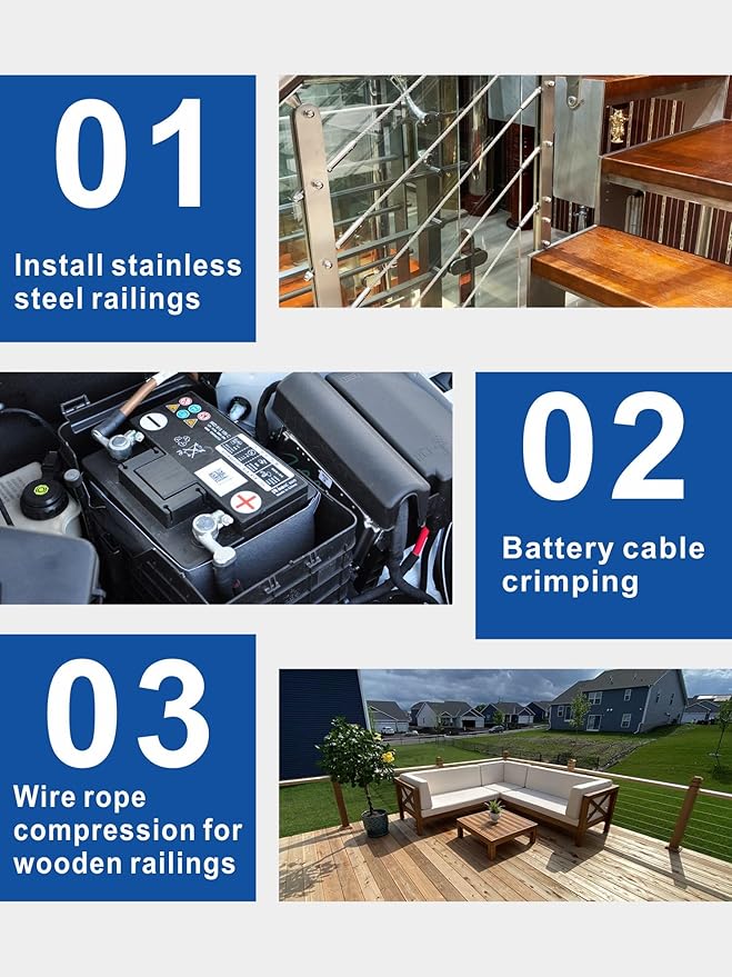 AMZCNC Hydraulic Hand Crimper Tool for Stainless Steel Cable Railing Fittings for 1/16" 1/8" 3/16" Cable –Wire Swaging Tool 8 Ton and Stainless Steel Cable Cutter,1/8” Wire Rope Crimping Tool