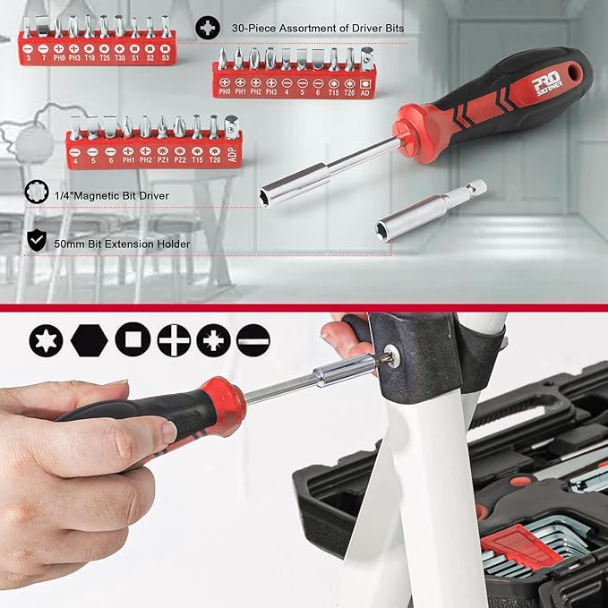Prostormer 160-Piece Home Repair Tool Set, General Household Hand Tool Kit with Toolbox Storage Case for House, Garage, College Dorm and Office (Red)