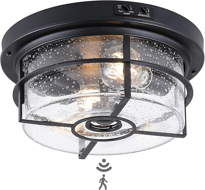 Motion Sensor Outdoor Flush Mount Ceiling Light - Sleek Round Exterior with Seeded Clear Glass - Perfect for Front Porch, Garage, Entryway