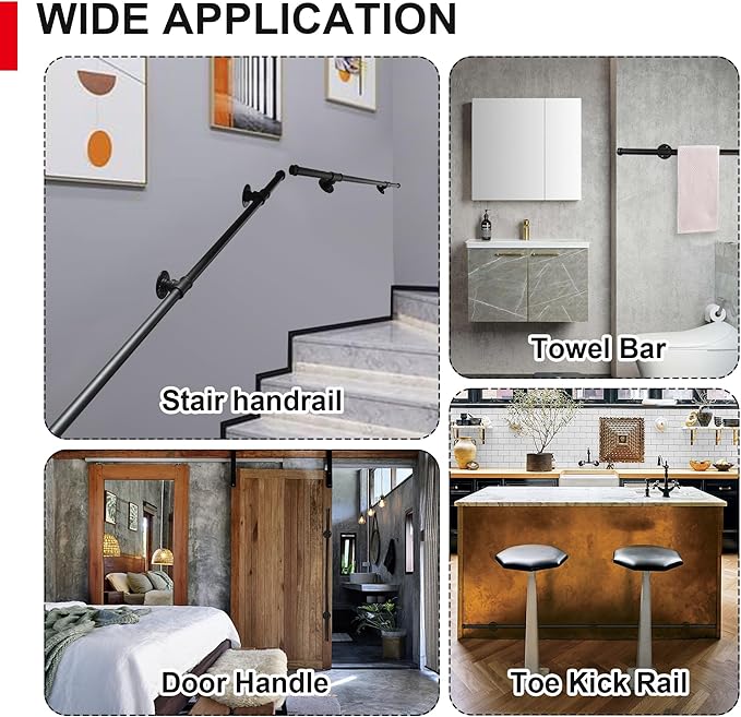 SCIEO Stair Railing Indoor, 10FT Staircase Handrail Wall Mount Hand Rail for Indoor & Outdoor Steps, Industrial Pipe Stair Handrails Grab Bar Metal Galvanized Steel Hand Railing for Stairs Steps