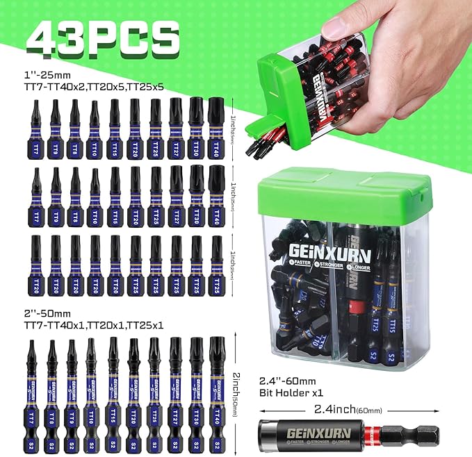 Impact Security Torx Screwdriver Bits Set,43 Pcs(TT7-TT40) Magnetic 1"& 2" Long S2 Steel Hollow Torx Driver Bits with Magnetic Bit Holder Storage Colorful Box