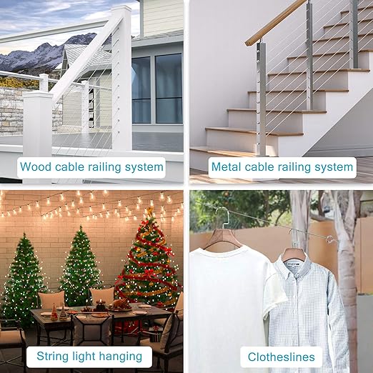 Muzata 400 ft 1/8" Stainless Steel Cable Railing System Hardware T316 Stainless Steel Wire Rope 7x7 Strands 1800 lb Breaking Strength Deck Cable Railing Kit for Indoor Outdoor Coastal WR02