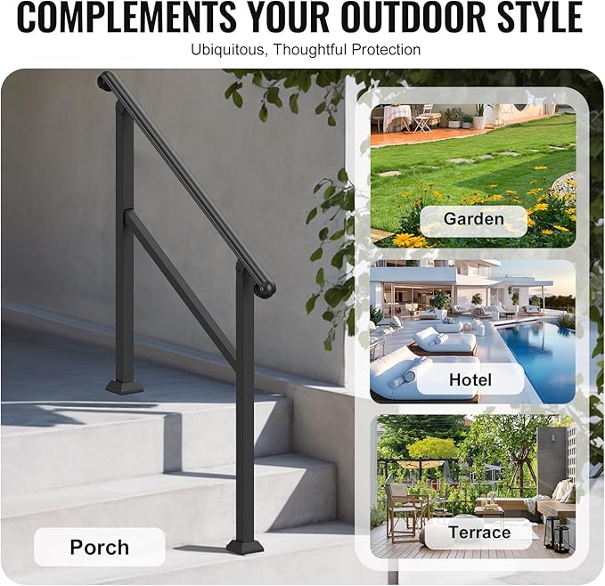 VEVOR Handrails for Outdoor Steps, 2-3 Step Stair Hand Rail & Indoor Railing Kit, Railings for Outside Steps with Installation Kit, Hand Rails for Seniors,Porch Railing & Deck Hand Rail, Black