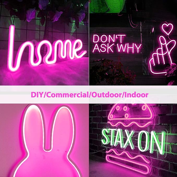 Lamomo LED Neon Flex, 16.4ft/5m Pink Neon Light Strip, 12V Flexible Waterproof Neon LED Strip, Silicone LED Neon Rope Light for Kitchen Bedroom Indoor Outdoor Decoration（Power Adapter no Included