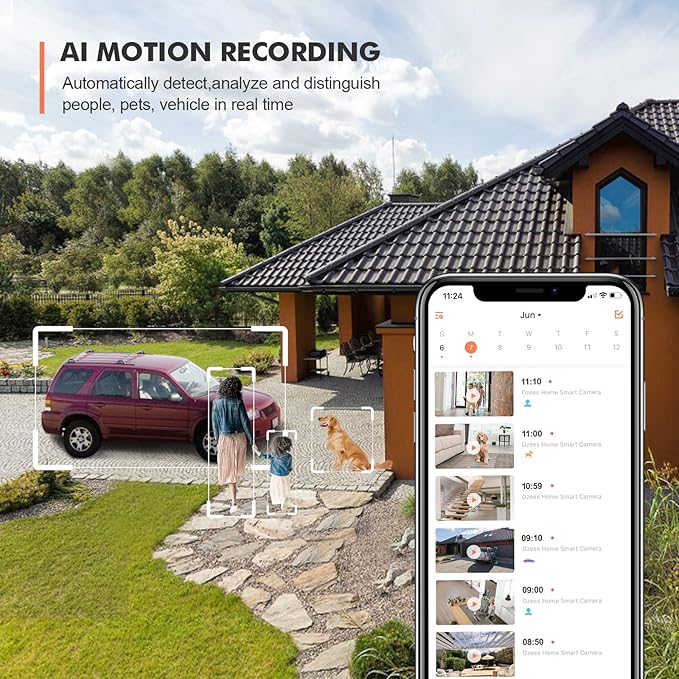 Dzees 360° PTZ Security Cameras Wireless Outdoor WiFi, 2K Powered Home Security Camera Indoor, Spotlight & Siren, Color Night Vision, 2-Way Talk, AI Motion Detection, IP66, Cloud Stroage