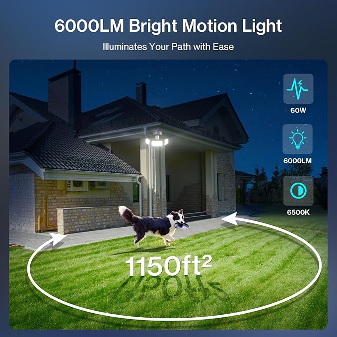 60W Motion Sensor Outdoor Lights, 6000lm Dusk to Dawn Flood Lights Outdoor Motion Sensor, IP65 Waterproof LED Security Lights Motion Outdoor, 6500K Motion Detector Lights for Outside, Yard (Black)