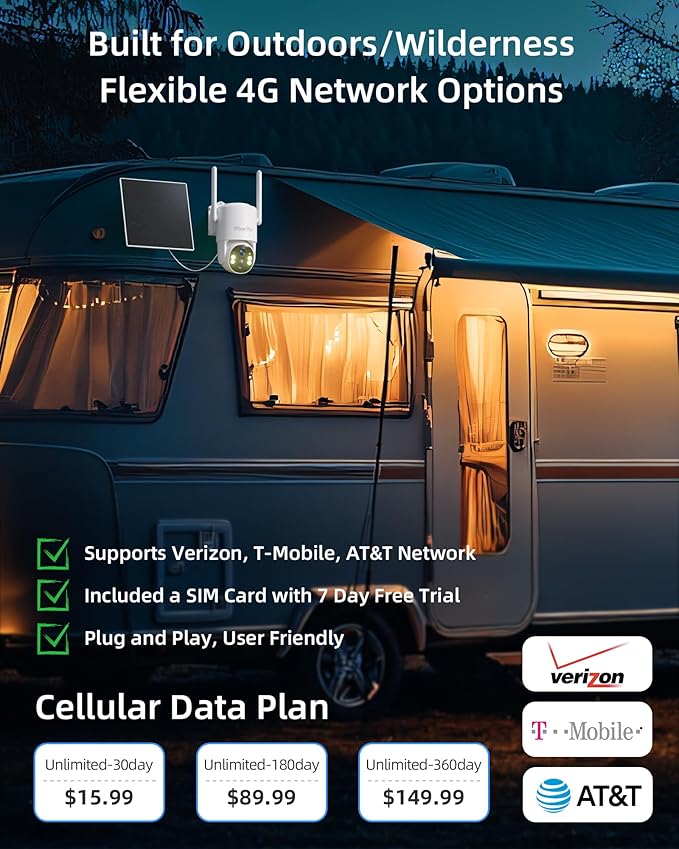 4G LTE Outdoor Solar Powered Cellular Security Camera Wireless, Off-Grid Camera No WiFi Required, 2.5K UHD Color Night Vision, 360° Live View, Local/Cloud Storage, IP66 Weatherproof, SIM Card