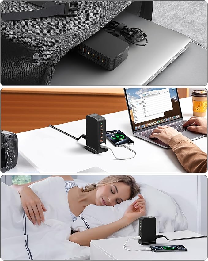 USB C Charger 55W,Multiport USB Charging Station 20W PD,6 Port USB Hub Charger Tower for iPhone 15/14/13/12, iPad, Samsung Galaxy, Google Pixel,HTC, and Multiple Devices (Black)