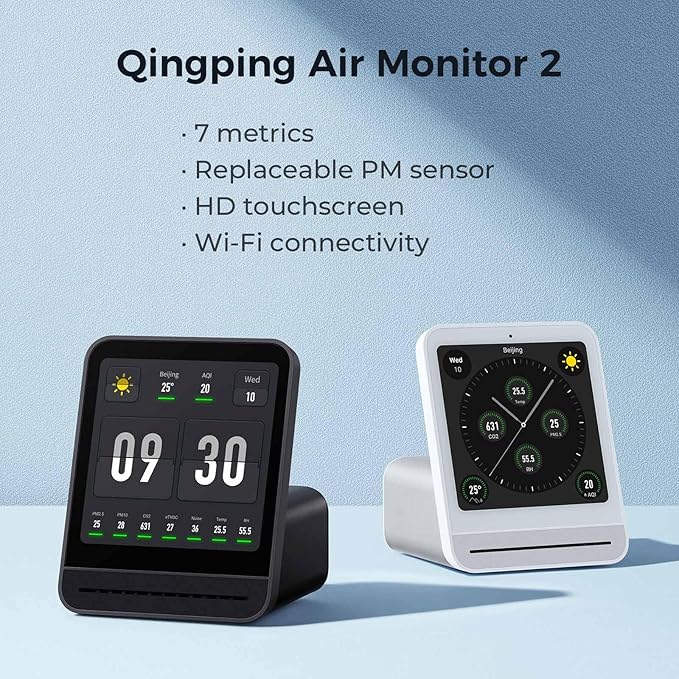 Qingping Air Quality Monitor Gen 2, Air Quality Monitor Indoor Detects PM2.5, CO2, PM10, Noise, Temperature and Humidity, New Upgraded Alarm Clock Function, Air Quality Tester for Bedroom, Smart Home