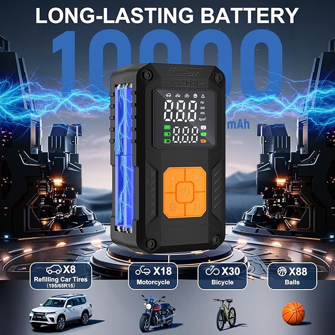 Tire Inflator Portable Air Compressor, 150PSI Cordless Mini Air Pump with Digital Pressure, Bike Pump, 5X Fast Inflation 10000mAh Tire Inflator for Car, Motorcycle, Bike, Ball, LED Light