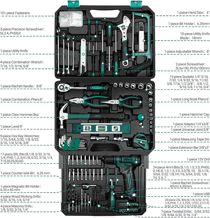 Tool Set: Tool Kit with 12V Cordless Drill, Hand Toolbox with storage case, Mechanic Tool set for Home Repairs, Green