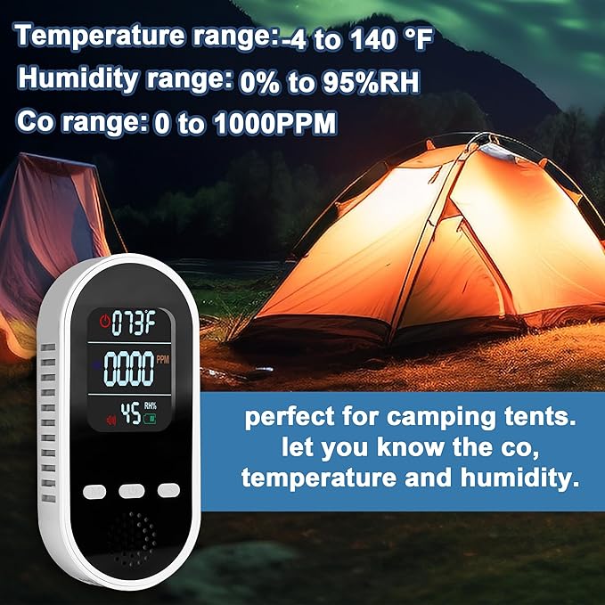 Portable Carbon Monoxide Detector Mini air Quality Monitor with Lanyard Alarm, CO Gas/Humidity Sensor/Indoor/Outdoor Thermometer, Battery Powered LED Screen