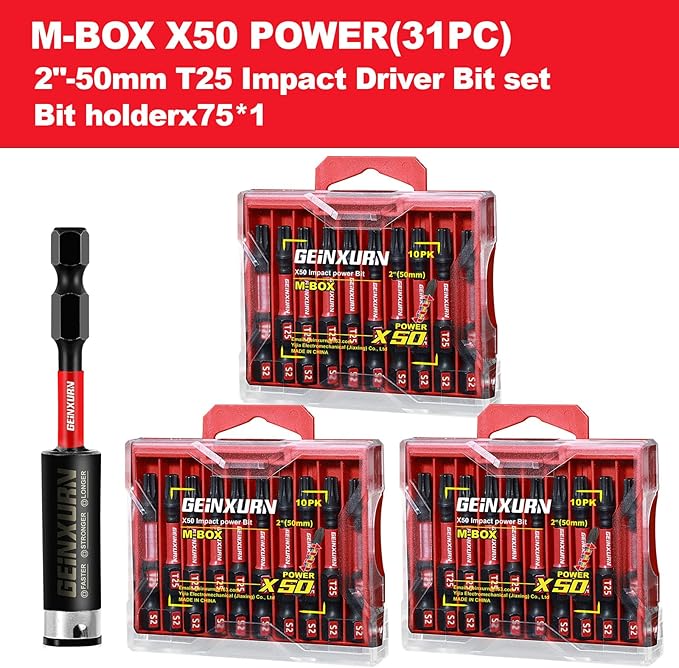 30 Pieces 2 In. T25 Impact Tough Magnetic Screwdriver Bit Set, #25 Torx Head Power Bits, S2 Alloy Steel Star Bits with 1 Pc Impact Bit Holder and Storage M-Box