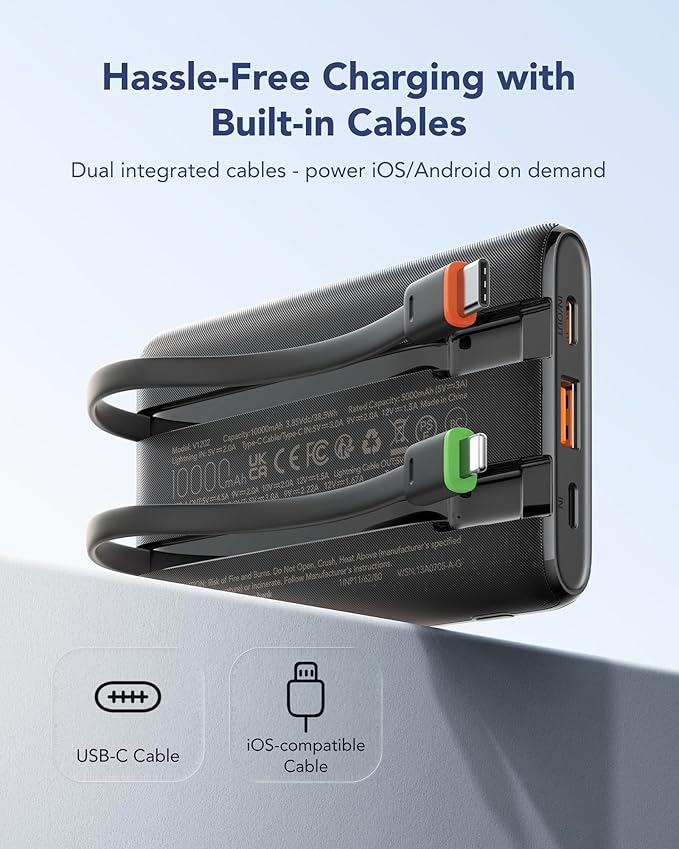 VEGER 10000mAh Portable Charger with 2 Built-in Cables, PD 22.5W Fast Charging USB C Power Bank, 4 Outputs 3 Inputs Slim Battery Pack Compatible with iPhone, Samsung, iPad, Android - Travel Essential