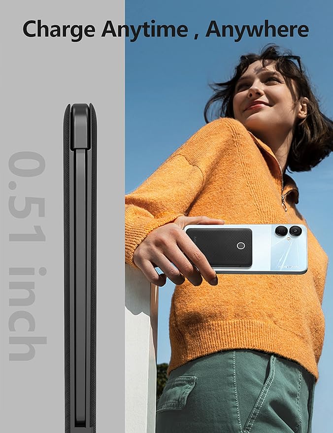 2-Pack 6000mah Ultra Slim Built in Cables Power Bank, Card Size Built in USB C Cords Battery Pack Portable Charger for Phones, 3 Output External Battery Pack Compatible with iPhone, Black & White