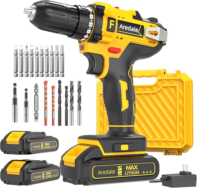21V Lithium-ion Cordless Drill Set, 3/8-Inch Power Drill with Two Lithium-Ion Batteries, A Charger and A Set of Bits Storage Box Included
