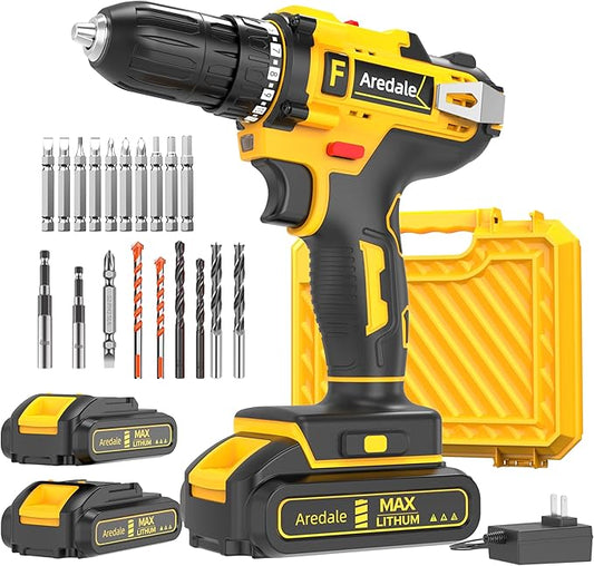 21V Lithium-ion Cordless Drill Set, 3/8-Inch Power Drill with Two Lithium-Ion Batteries, A Charger and A Set of Bits Storage Box Included
