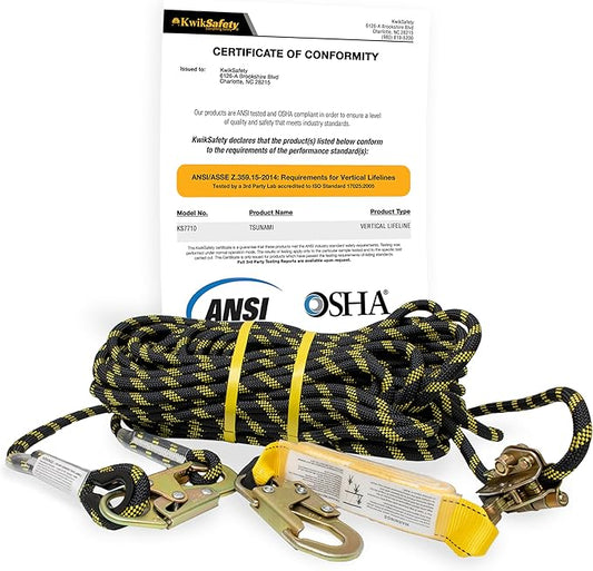 KwikSafety - Charlotte, NC - TSUNAMI [Premium BRAIDED ROPE] Vertical Lifeline ANSI OSHA Rope Grab Snap Hook Shock Absorber Fall Protection Line Kit Restraint System Roofing Safety Equipment / 25 FT.