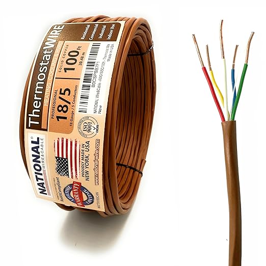18/5 100Ft. NATIONAL Wire&Cable Thermostat Doorbell HVAC Heating Control Professional Cable Wire - Made in USA - 100% Solid Copper Conductors, CL2 ETL Listed, Low Voltage Applications Use