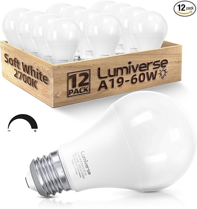 Lumiverse A19 Dimmable LED Bulbs 60W Equivalent, 9.5W, Non-Flickering, 2700K Soft White, 800 Lumens, E26 Base, 10000 Hour, Energy Saving, Clear Bright Light for Ceiling, Bedroom, 12 Pack