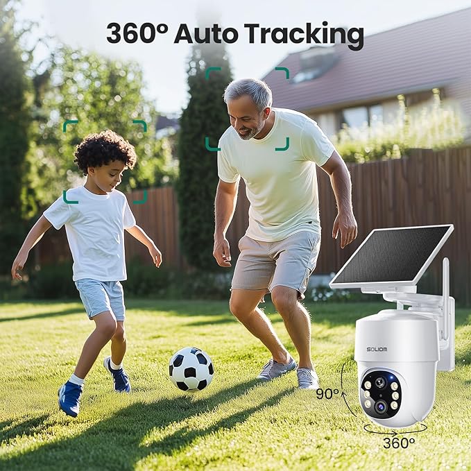 SOLIOM- 5MP Security Cameras Wireless Outdoor, No Subscription,4-Cam Pack, Solar Powered Home Security Camera with 360° Auto Tracking, Pan & Tilt, 3K Color Night Vision,5G & 2.4G Router Compatible