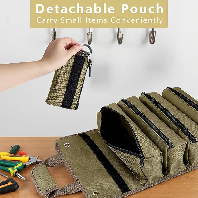 Roll Up Tool Bag Organizer, Tool Bags for Men, Tool Roll Bag with 2 Detachable Zipper Pouches, Heavy Duty Tool Bag for Dad Birthday, Father’s Day Gifts, Handyman or RV Owners (Khaki)