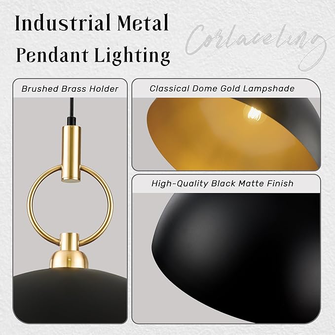 19.6" Black and Gold Pendant Lights for Kitchen Island Large Dome Pendant Light Fixture Industrial Hanging Lamp for Dining Room Hallway Entry Bedroom Bar