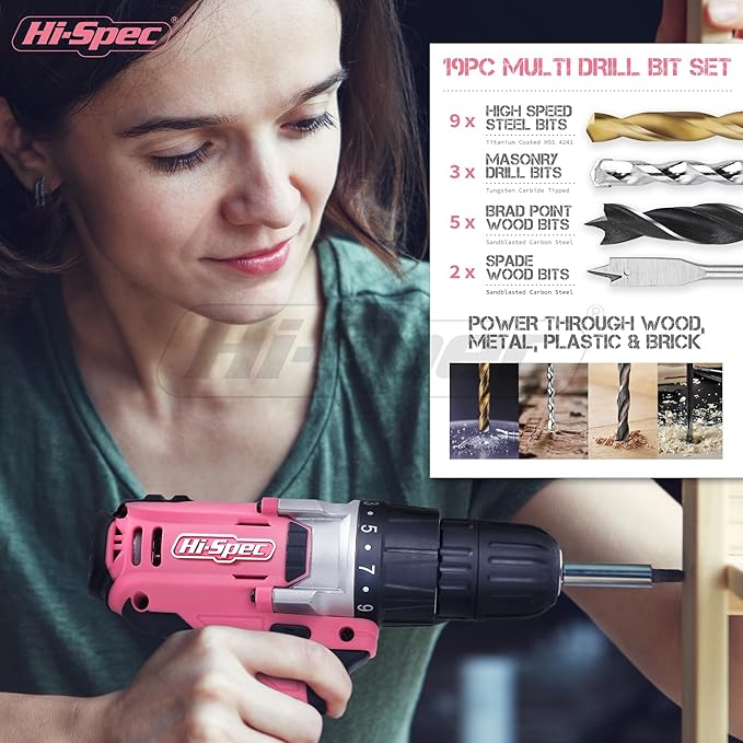 Hi-Spec 81pc Pink 18V Cordless Power Drill Driver.Complete Home & Garage Hand Tool Kit Set for DIY