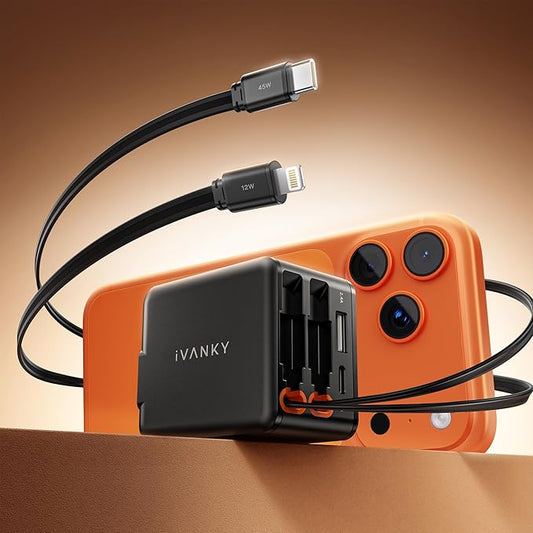 iVANKY Smallest 4-in-1 Retractable GaN Wall Charger with Dual Cables (USB C+Lighting), 45W Fast Charging Block for iPhone 16/15/14/13/12 Pro Max Air, Samsung, 4-Port Adapter for Home Office Travel
