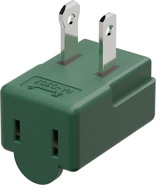 Right Angle Adapter,2-Prong 90 Degree Upward Angled AC Adapter, Polarized 2-Prong L Type Adapter, Vertical Right Angled Down Angle Power Adapter, PA-0507G Green Color