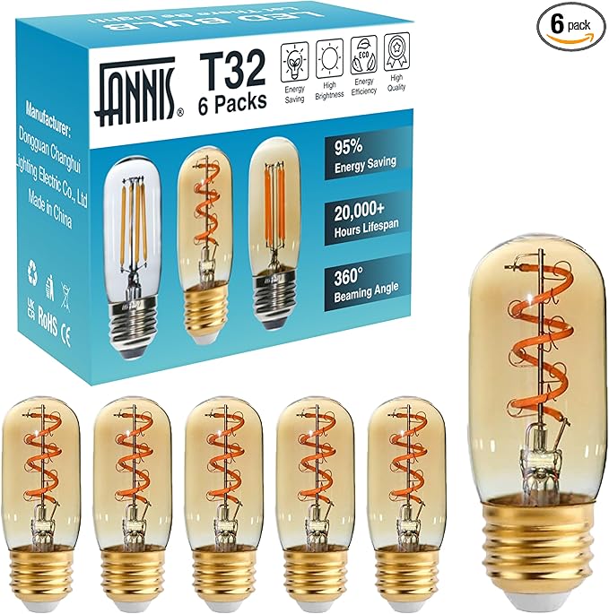6 Pack T32 /T12 Dimmable Tubular LED Bulb 4W Equals 40W Warm Amber Glass E26 Base Edison Bulb for Chandeliers, Wall sconces, Table Lamps, cafes Indoor Lighting fixtures.