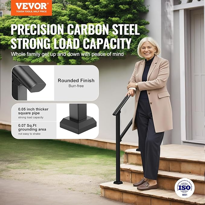 VEVOR Handrails for Outdoor Steps, 2 PCS 2 Step Stair Hand Rail Kit, Transitional Carbon Steel Railings with Installation Kit, Stair Rails for Seniors, Concrete & Porch & Deck, Black Square Tube