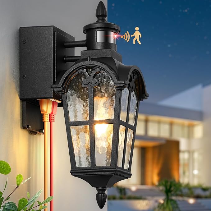 Motion Sensor Outdoor Lights with GFCI Outlet, 16.4" H Black Porch Light Outdoor, Dusk to Dawn Outside Lighting for House, Aluminum Anti-Rust Outside Light Fixtures Wall Mount for Garage Patio