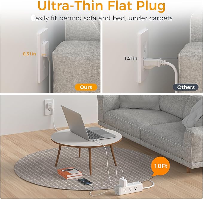 Surge Protector Power Strip 10 FT, TESSAN Ultra Thin Flat Plug Long Extension Cord with 9 Outlets 3 USB(1 USB C), 1050J Protection Desk Charging Station for Home, Indoor, Office, Dorm Room Essentials