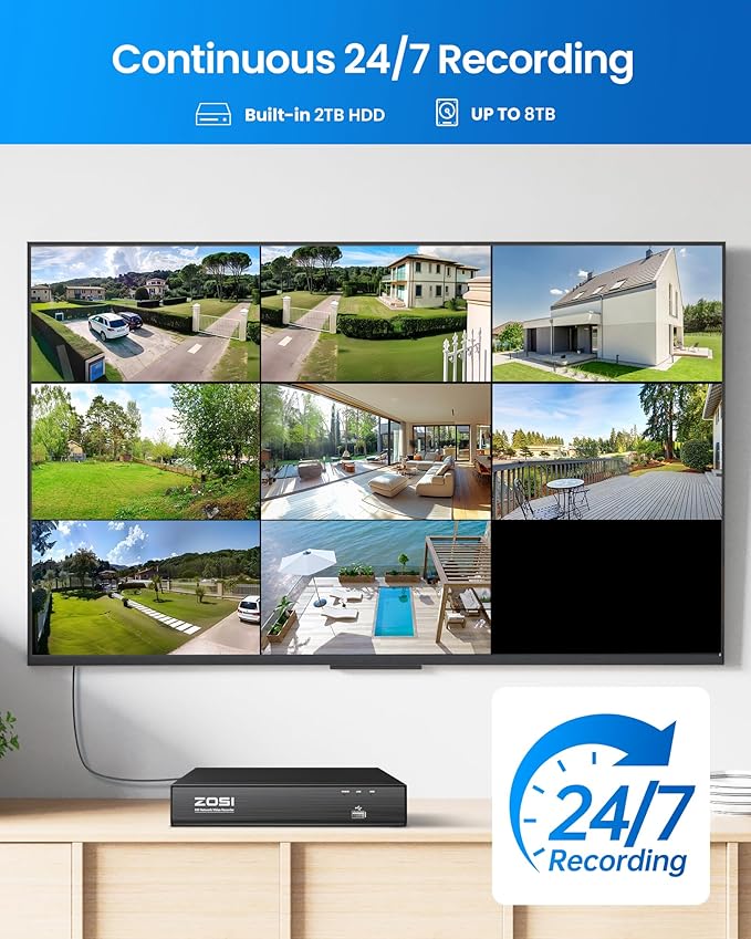 ZOSI 4K 8CH PoE Security Camera System (16CH Expandable), H.265+ 8CH NVR with 2TB HDD for 24/7 Record, 4 x 8MP PoE IP Cameras Outdoor Indoor, Human Detection, One-Way Audio, 100ft IR Night Vision