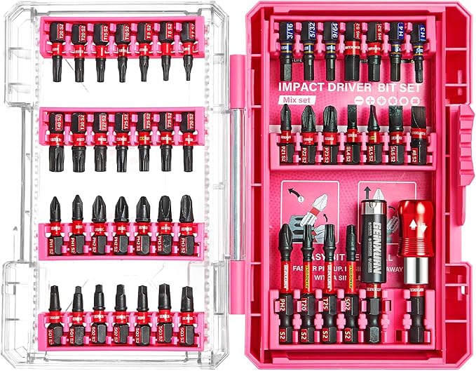 48Pieces Impact Screwdriver Bits Set, Magnetic S2 Steel Phillips/Slotted/Square/Torx Insert Power Bits Tips, Impact Bit Holder with Pink Storage Box Case