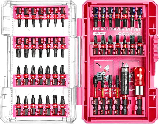 48Pieces Impact Screwdriver Bits Set, Magnetic S2 Steel Phillips/Slotted/Square/Torx Insert Power Bits Tips, Impact Bit Holder with Pink Storage Box Case