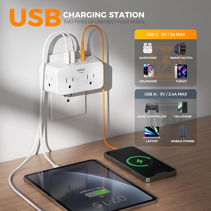 Multi Plug Outlet Extender, TESSAN Wall Surge Protector with 4 Electrical 3 Prong Outlet Splitter 4 USB Charging Blocks Adapter(1 USB C), 3 Way Multiple Plug Expander for Home Bathroom Essentials