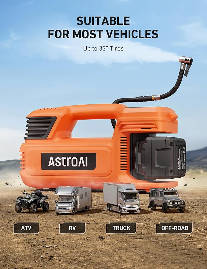 AstroAI TC4 Portable Air Compressor Tire Inflator, 470W 18V Cordless Air Pump for Truck Tires with 4000mAh Battery, 150PSI Heavy Duty Air Compressor with Digital Display for Car, RVs, SUV (Orange)