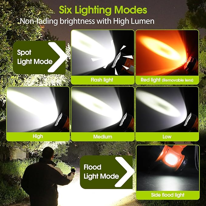 Rechargeable Spotlight Flashlight, IP65 Waterproof Searchlight Handheld Work Light with Foldable Stand and Red Lens- Orange