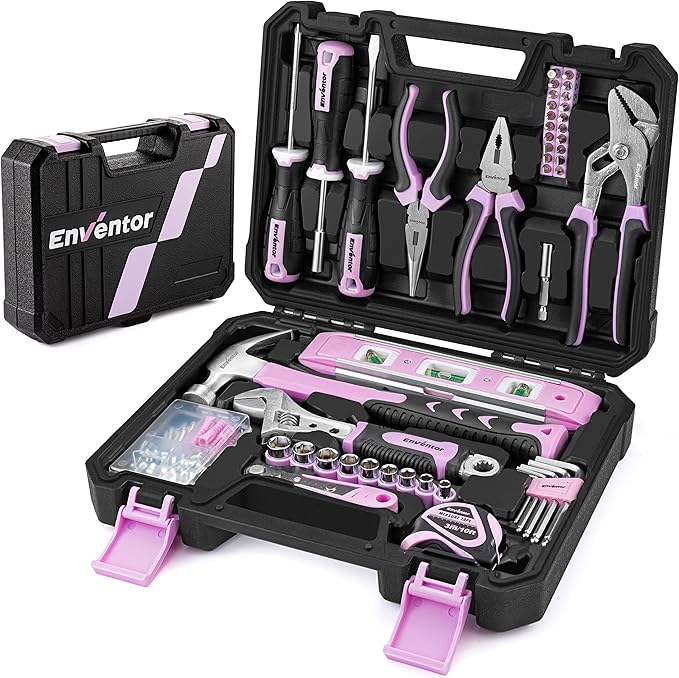 Enventor Pink Tool Kit Set for Women, 146PCS General Household Hand Tool Kit with Storage Toolbox, Ladies Small Basic Tool Kits for Home Maintenance, DIY Projects