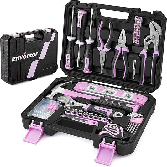 Enventor Pink Tool Kit Set for Women, 146PCS General Household Hand Tool Kit with Storage Toolbox, Ladies Small Basic Tool Kits for Home Maintenance, DIY Projects