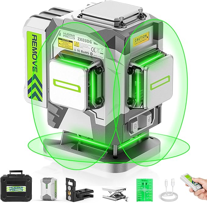 Laser Level, 3x360° Self Leveling Green Tiling Level Laser Tool, 3D Cross Line Laser Level Tool, High Accuracy Floor Laser with 8000mAh Li-ion Battery, Remote Control & Hard Carry Case