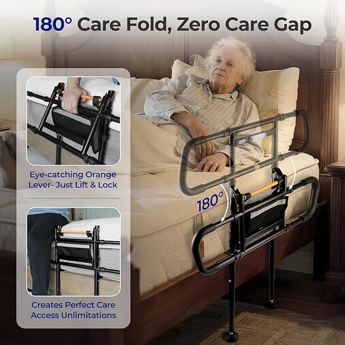 C5 Pro Bed Rails for Elderly Adults Safety - Foldable Bed Assist Rail with Adjustable Height, Bed Cane with Non-Slip Wider Handrail, Motion Sensor Light Fits King Queen Twin Beds, Supports 350 LBS