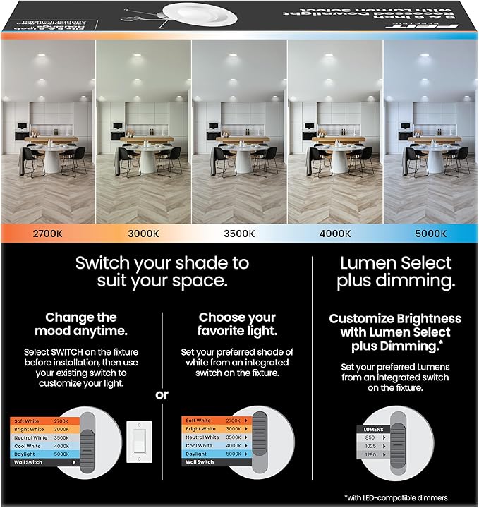 Feit Electric 5-6" LED Recessed Downlight, 120W Equivalent, Dimmable, 5CCT Selectable White, High Output, 90 CRI, 1290 Lumens, 45-Year Lifetime, LEDR56HO/6WYCA/6, 6 Pack