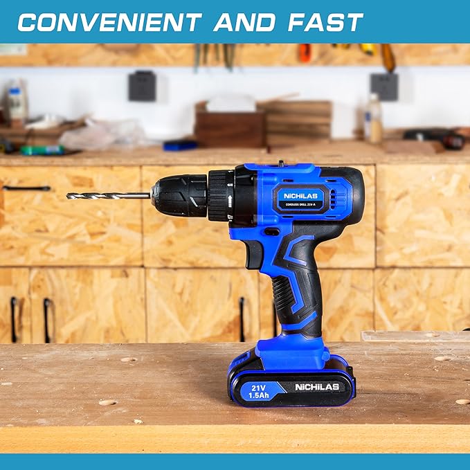 Cordless Drill, 21V Power Screwdriver 2 Variable Speed 3/8” Keyless Chuck, 2 X 1500mAh Batteries and Charger for assembling, repairing and DIY